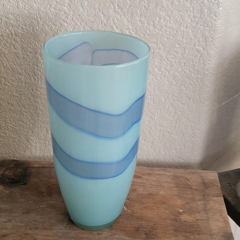 Unmarked Blue Art Glass Large Striped Table Vase Glossy Modern Romania Decor